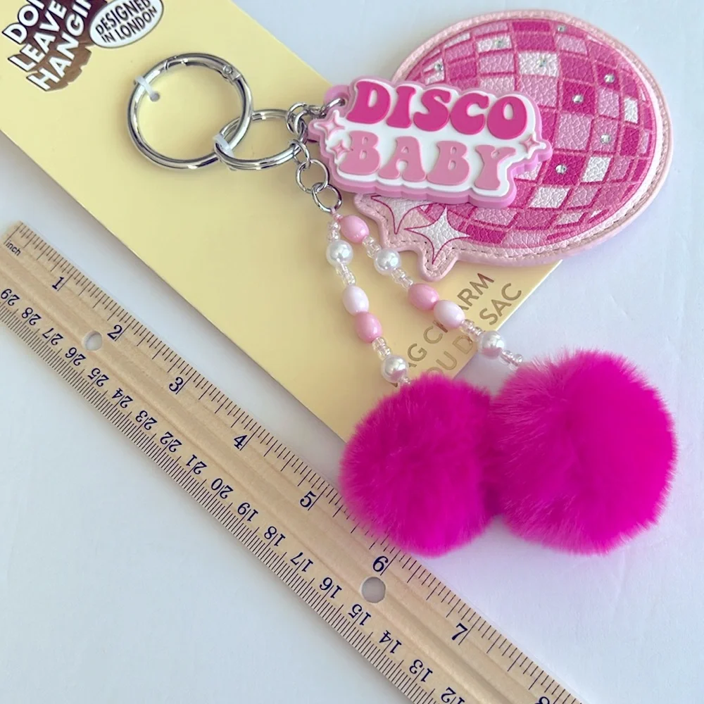 Pink Disco Baby pop art Handbag Charm/Keychain with furry Pom Poms